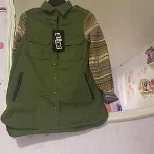 Blouse Ali & Kris Twill Long Sleeve Heavy Khaki Contrast Stripe Sleeves